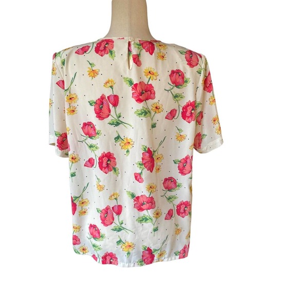 Secretary‎ Top Short Sleeve Blouse Silky Soft 12 Large Poppies Daisies Vintage - Picture 3 of 3
